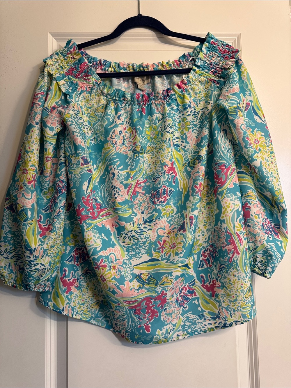 Charlie Paige Turquoise Floral Off-Shoulder Blouse with Pink Accents